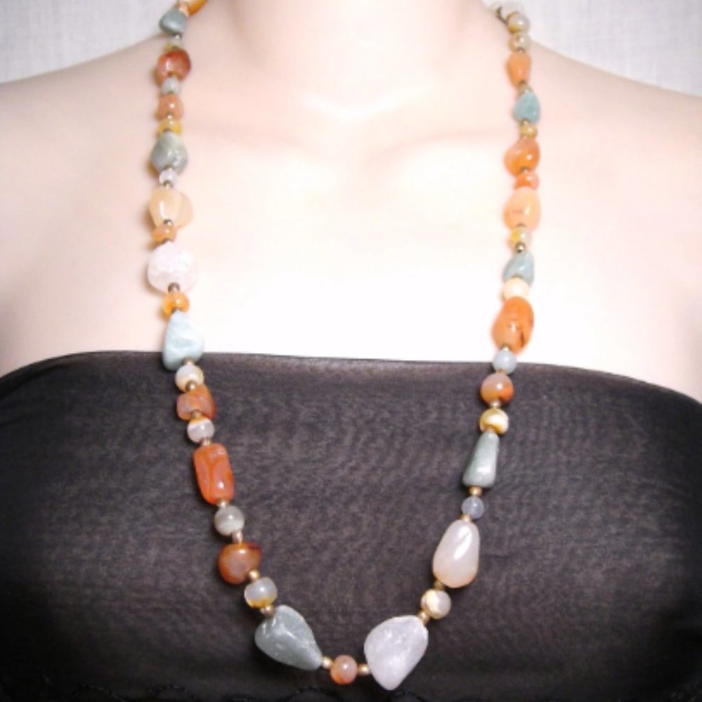 Vintage Multi Color Jade Silver Tone Stranded Bead Necklace